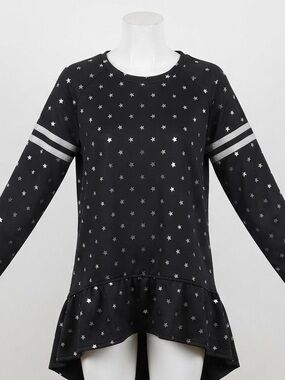 Diadora Kids Black Silver Star Print High Low Ruffle Hem Sweatshirt Tunic